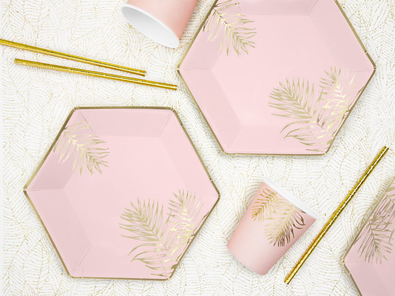 ASSIETTES ROSE PASTEL FEUILLE OR